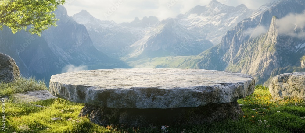 Poster stone table surrounded by lush green grass and rocky mountains under a clear sky with soft clouds in
