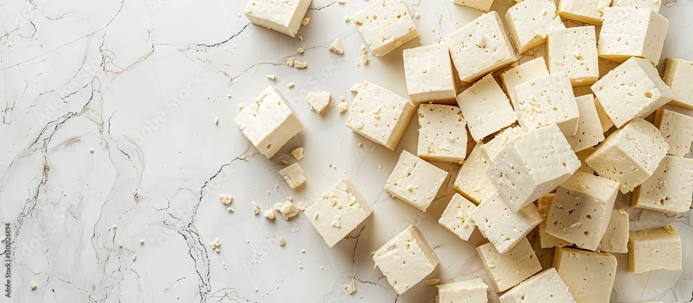 Poster tofu cubes scattered across a light marble surface with plenty of white space, highlighting their te