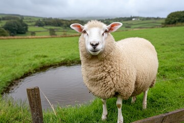 Obraz premium A small farm pond with a rustic wooden fence, surrounded by grazing sheep