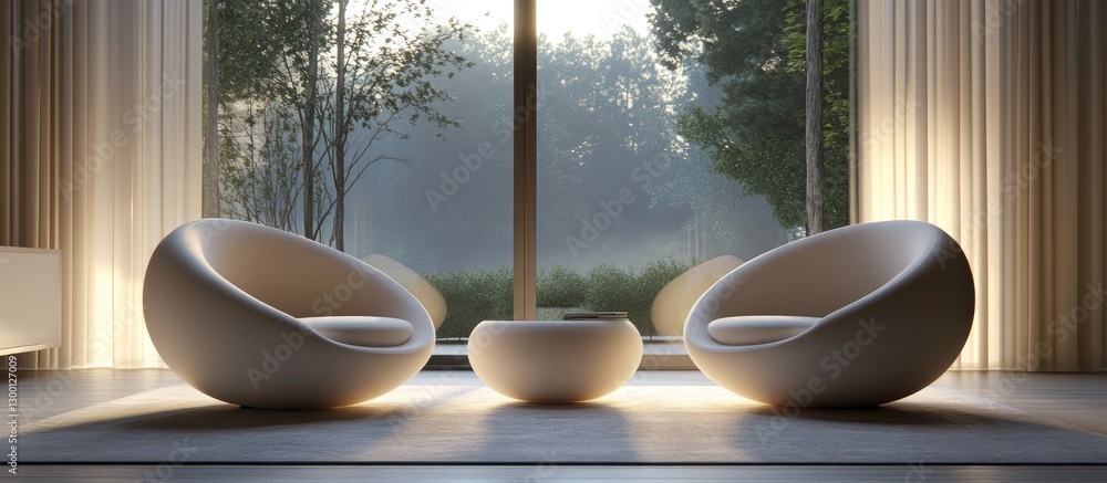 Poster modern minimalist living space featuring soft neutral-toned armchairs positioned symmetrically near 