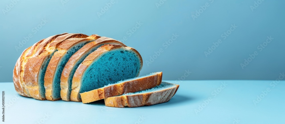 Poster artisan sourdough bread sliced showcasing vibrant blue interior on a soft blue background with ample