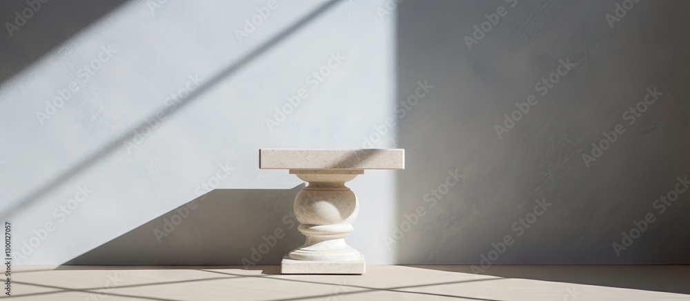 Leinwandbilder minimalist modern pedestal table in soft gray light with strong shadows on textured wall, creating a