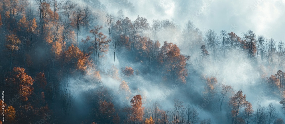 Poster misty autumn landscape with layered trees in shades of blue and orange, capturing serene fog and vib