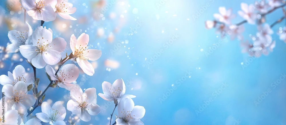 Poster spring floral border with delicate white blossoms on left against a soft blue background, creating a