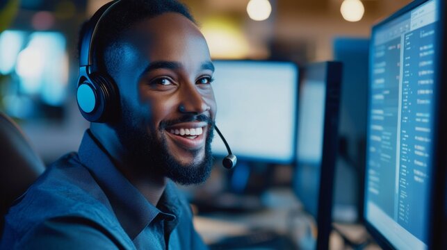 Busy call center smiling customer service agent customer interaction high-energy environment positive experience
