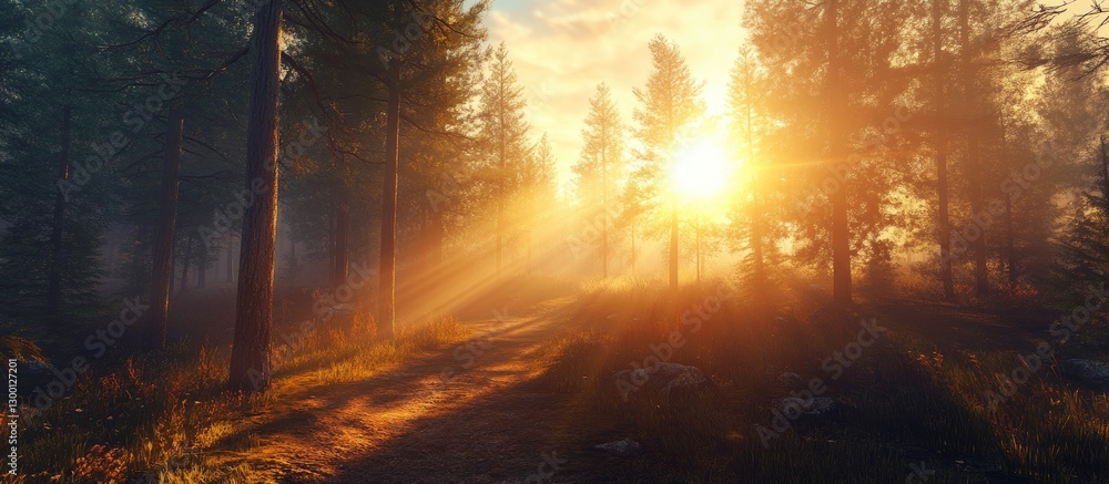 Leinwandbilder sunrise in a serene forest with golden sunlight filtering through tall green trees casting soft shad