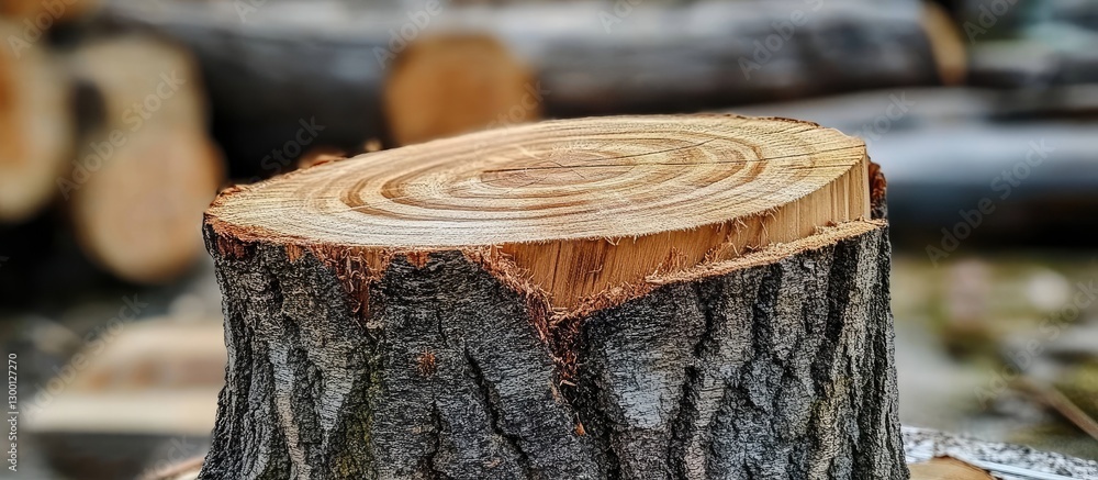 Aufkleber cross-section of a felled oak tree stump displaying intricate annual rings, featuring a textured gra
