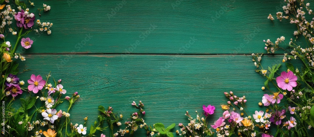 Poster vibrant spring flowers in shades of pink and white arranged on a textured green wooden background wi