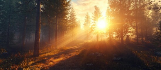 Sunrise in a serene forest with golden sunlight filtering through tall green trees casting soft shadows on a winding dirt path