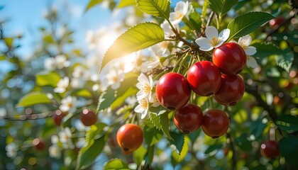 Cherry Blossoms and Ripe Fruits in Sunlight