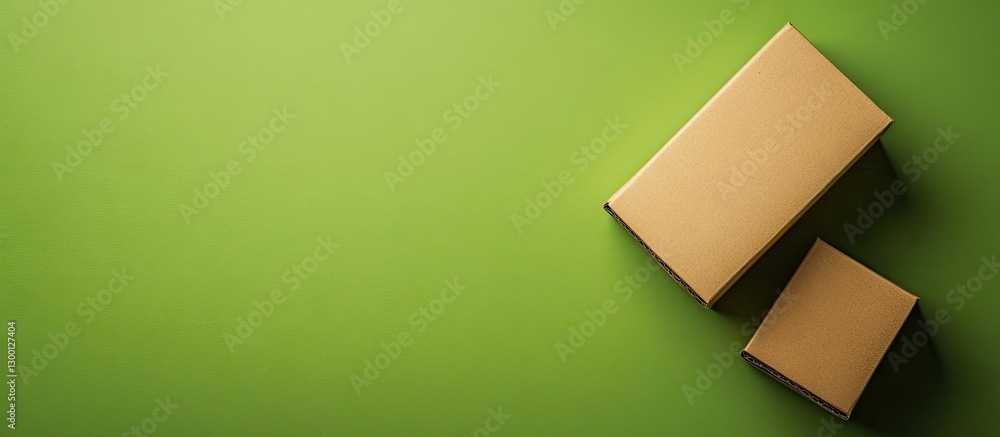 Poster vibrant green backdrop with two small cardboard boxes positioned at the top left offering ample spac