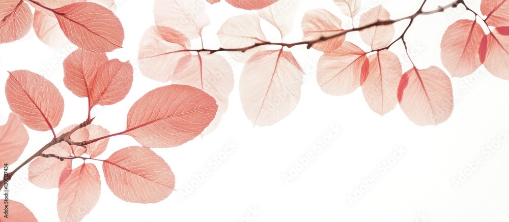Fototapete minimalist white backdrop adorned with delicate pink leaves positioned on the upper edge, creating a