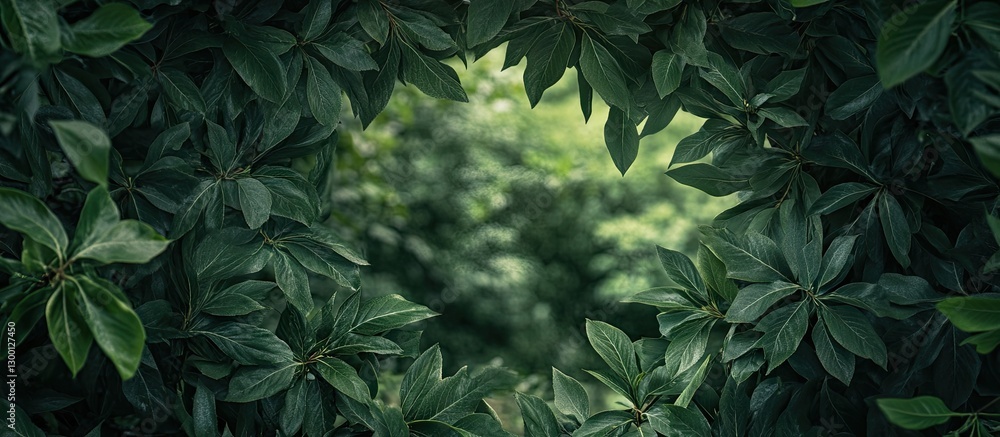 Poster lush green tree leaves create a vibrant frame around a soft-focus natural backdrop, emphasizing dept