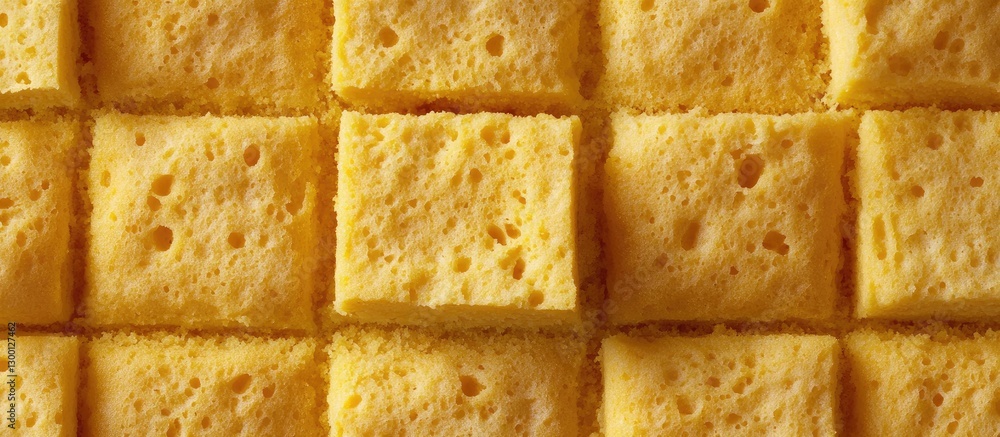 Aufkleber Golden cornbread texture grid with a uniform pattern of squares showcasing a fluffy and moist interior against a warm yellow background