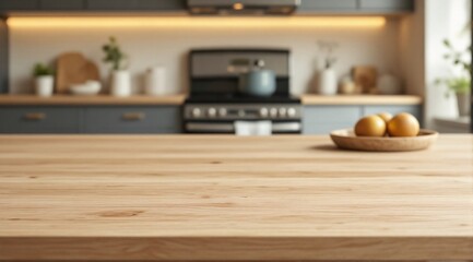A clean wooden kitchen table with a sharp focus in the foreground, with a modern minimalist kitchen faintly visible in the background.