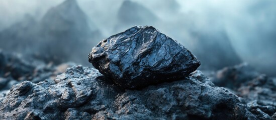 Natural shilajit resin on rocky surface with deep gray tones and textures in a rugged mountain landscape conveying an ancient healing power.