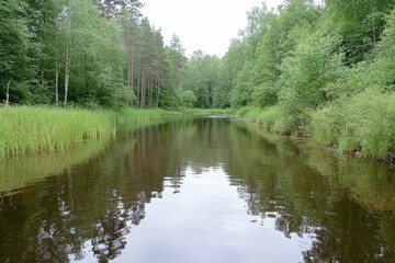 Fototapeta premium A small pond in the middle of a dense forest, with ducks swimming peacefully