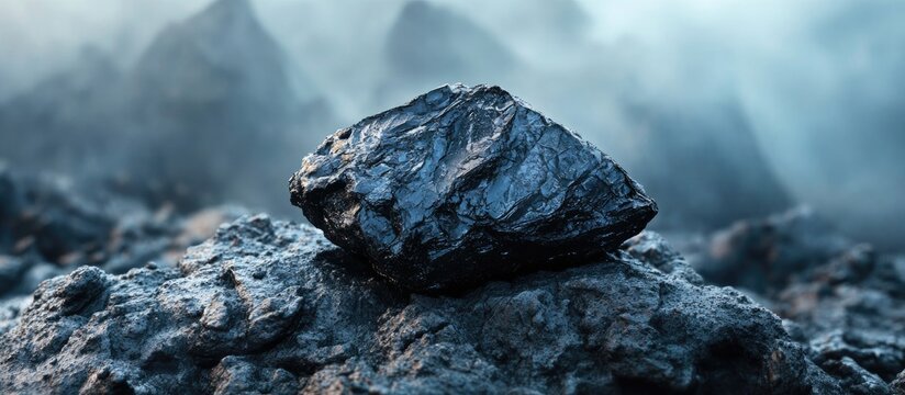 Natural shilajit resin on rocky surface with deep gray tones and textures in a rugged mountain landscape conveying an ancient healing power.