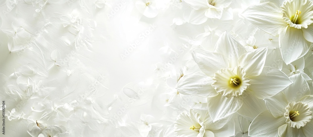 Aufkleber Elegant white daffodils on a soft, light background with a clear space on the right for personalized text or creative captions.