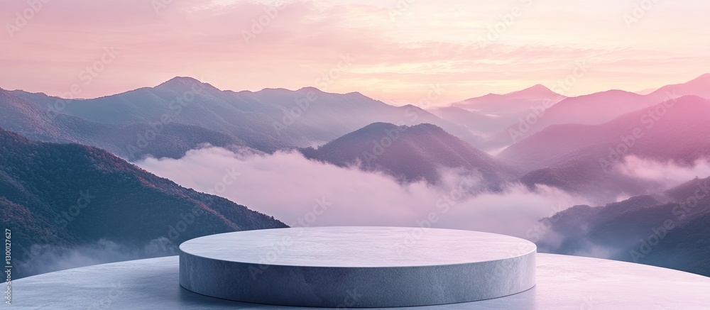 Poster Majestic mountain range at dawn with a circular stone platform in the foreground surrounded by soft clouds and vibrant pink and purple skies.