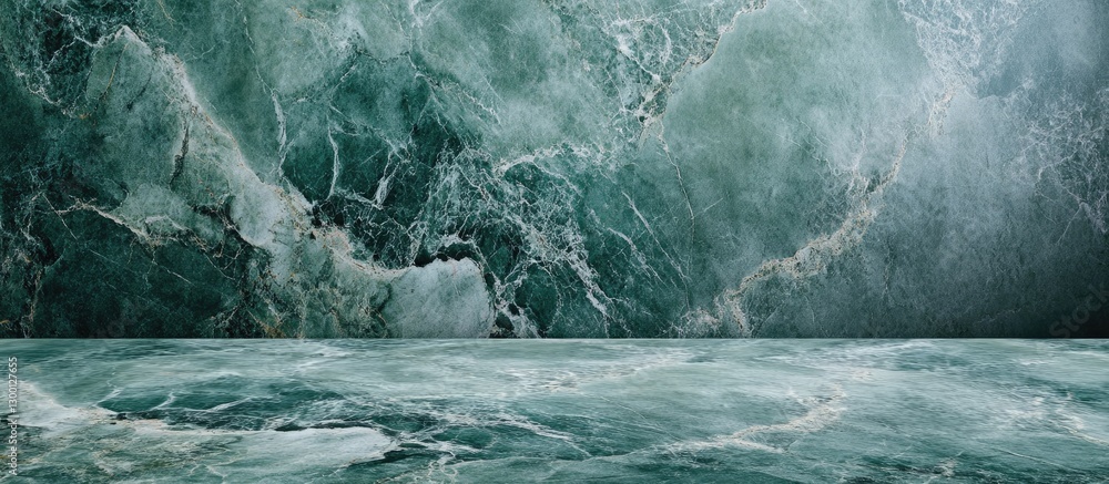 Poster elegant green marble backdrop with rich textures, smooth surface in the foreground, perfect for prod