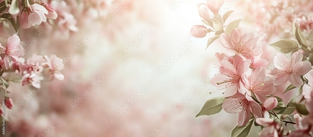 Poster cherry blossom flowers in soft pink hues arranged along the top and bottom of a light wooden backgro