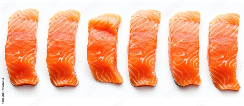 Poster raw salmon fillet slices arranged in a line on white background showcasing vibrant orange and pink h