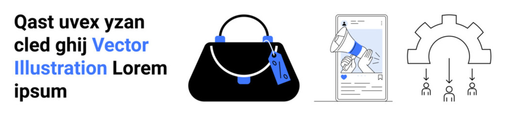 Black handbag with blue tag, digital marketing on mobile screen, and segmented gear icon representing functions. Ideal for fashion, advertising, e-commerce, retail, app design, systems flat landing