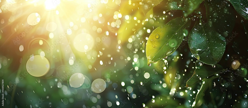 Poster blurry image of sparkling water droplets on lush green leaves with soft sunlight filtering through c