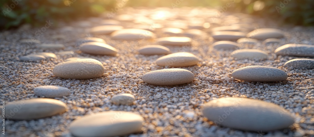 Poster small smooth stones scattered on a soft sandy ground with golden sunlight illuminating the scene cre