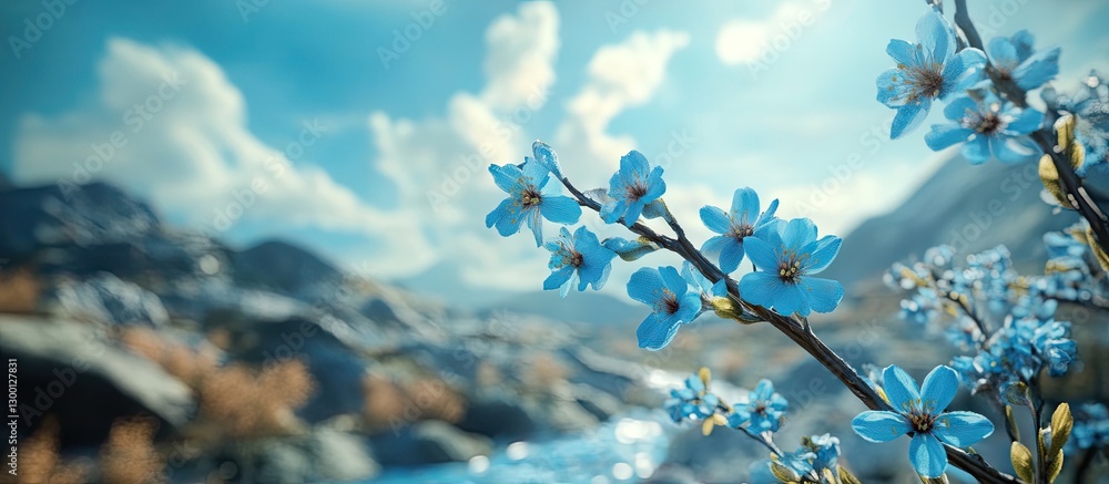 Aufkleber Vibrant blue spring flowers in focus with soft blurred mountains and sky in the background creating a serene landscape with ample copyspace.