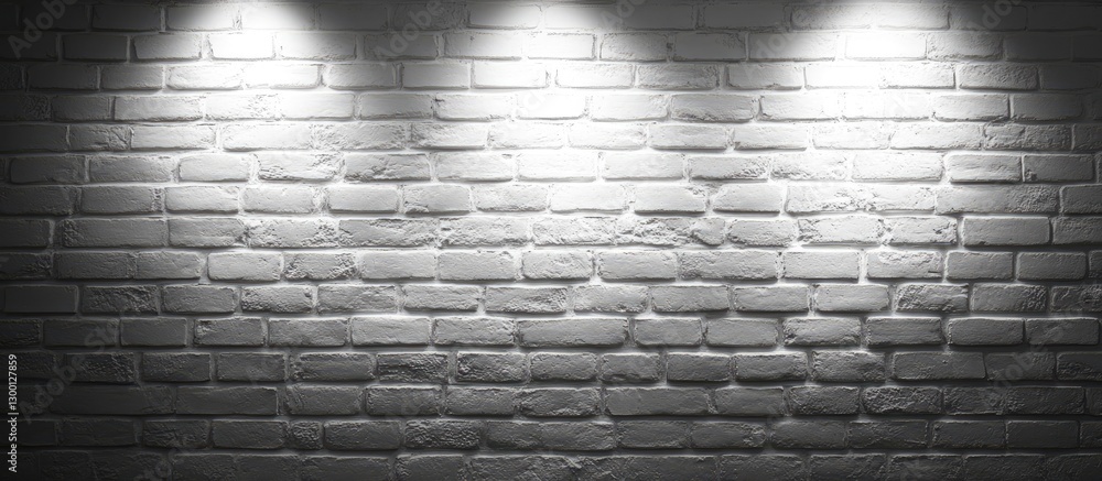 Aufkleber Well-lit empty room featuring a textured white brick wall illuminated by three overhead lights creating shadows and ample copy space.