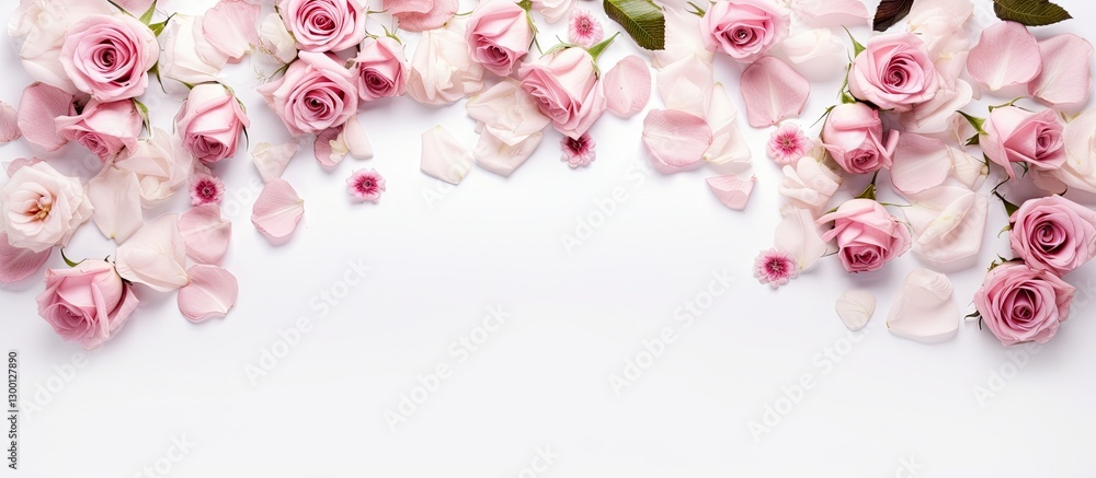 Poster delicate arrangement of soft pink roses and petals on a white background, creating an elegant floral