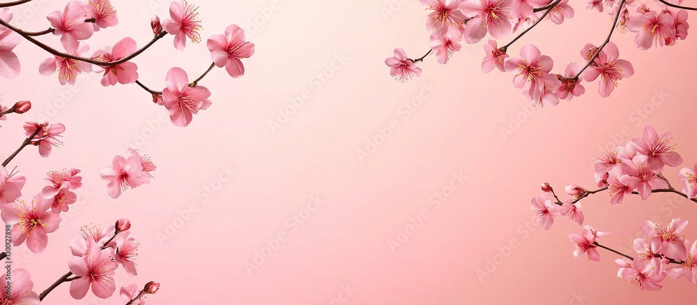 Poster delicate cherry blossom branches with soft pink flowers on a gentle gradient pink background creatin