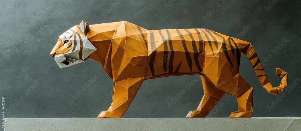 Poster orange and white origami tiger figurine on a gray background with detailed angular shapes showcasing