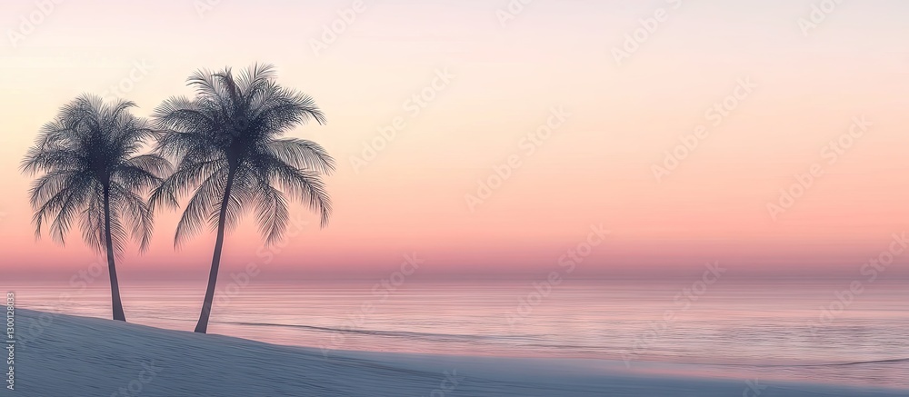 Poster silhouette of two palm trees on a serene beach at sunset with a vintage pastel gradient sky and calm