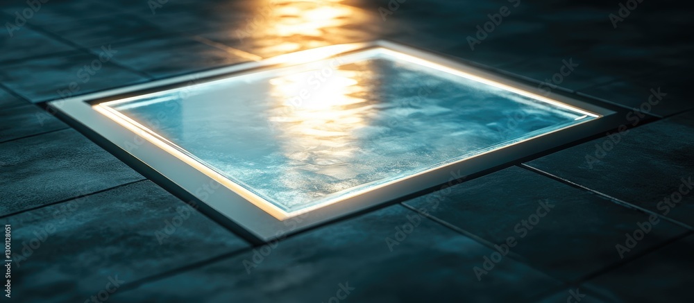 Poster glass floor icon illuminated with soft blue light, surrounded by dark tile, symbolizing innovation a