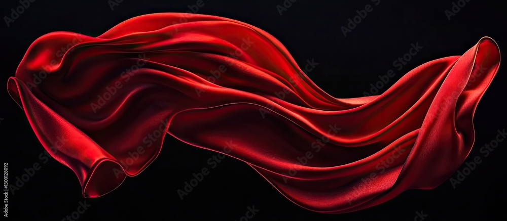 Aufkleber flowing red silk fabric on a black background, elegantly draped with soft curves and waves, showcasi