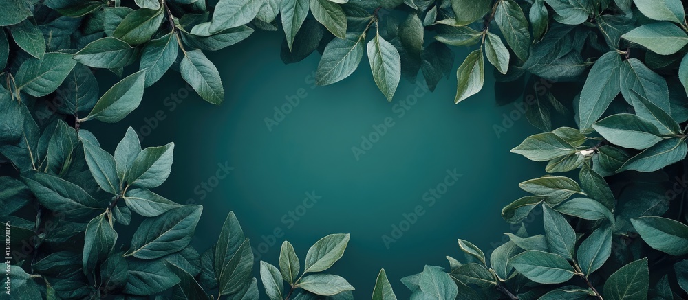 Poster Spring nature background featuring a lush green leaf frame against a deep teal backdrop with a vibrant natural theme and rich foliage texture.