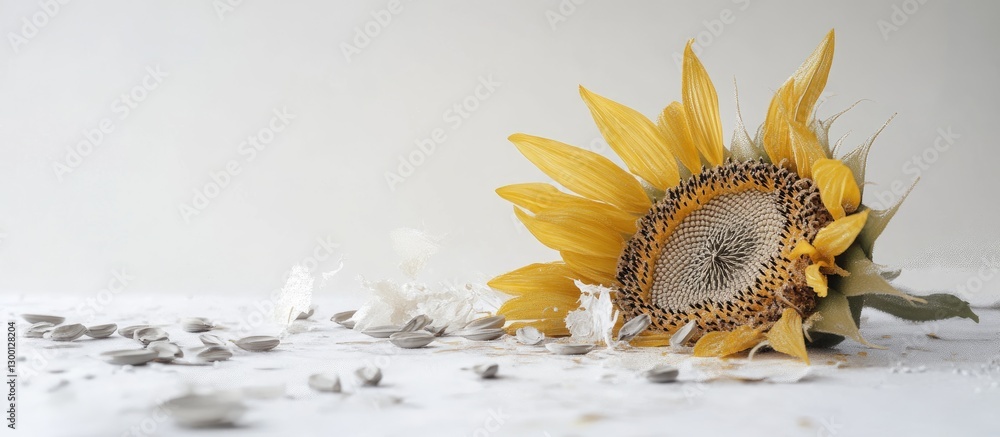 Aufkleber sunflower with vibrant yellow petals and its scattered seeds on a pure white background creating a s