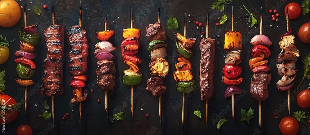 Aufkleber grilled kebabs with colorful vegetables and meat on wooden skewers arranged in rows on a dark surfac