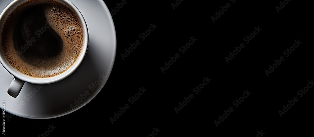 Poster top view of a coffee cup with dark brown beverage on a gray saucer against a solid black background 