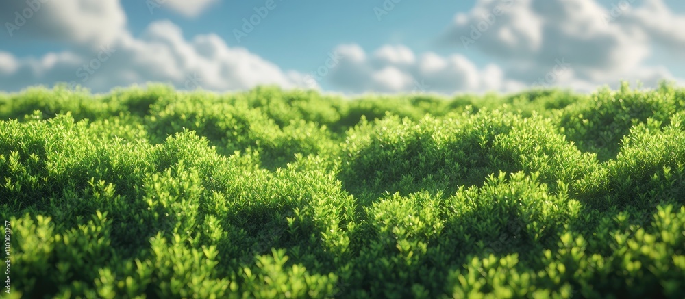 Poster lush green meadow under a bright blue sky with fluffy white clouds, featuring a vibrant bokeh effect