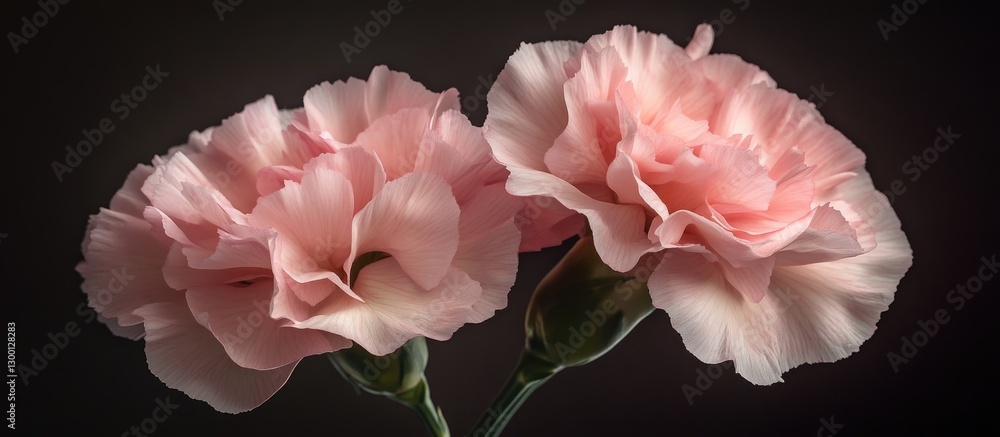 Poster Delicate soft pink carnation blooms with layered petals positioned symmetrically against a dark backdrop creating dramatic visual contrast and elegance