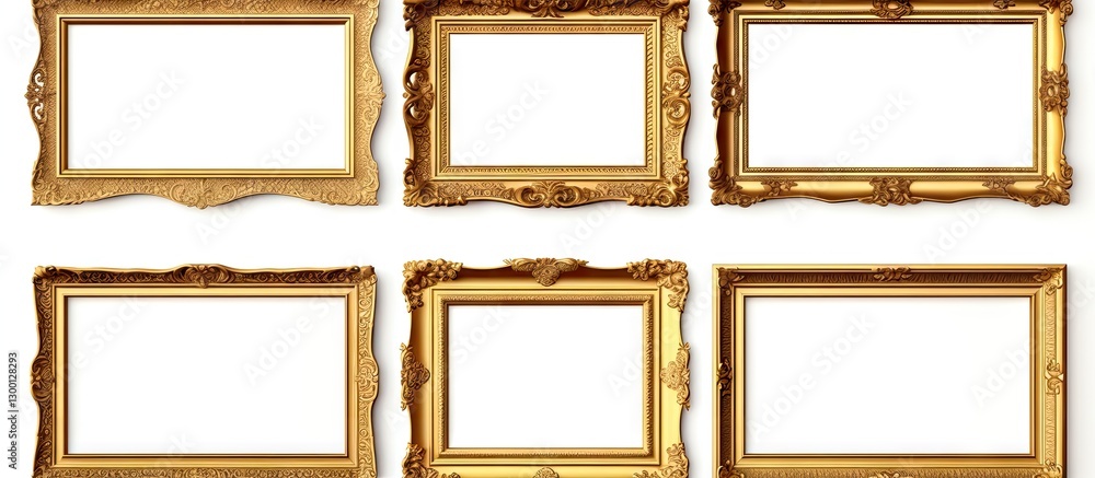 Poster Panoramic collection of ornate golden frames arranged in two rows on white background, featuring intricate designs and various rectangular shapes.