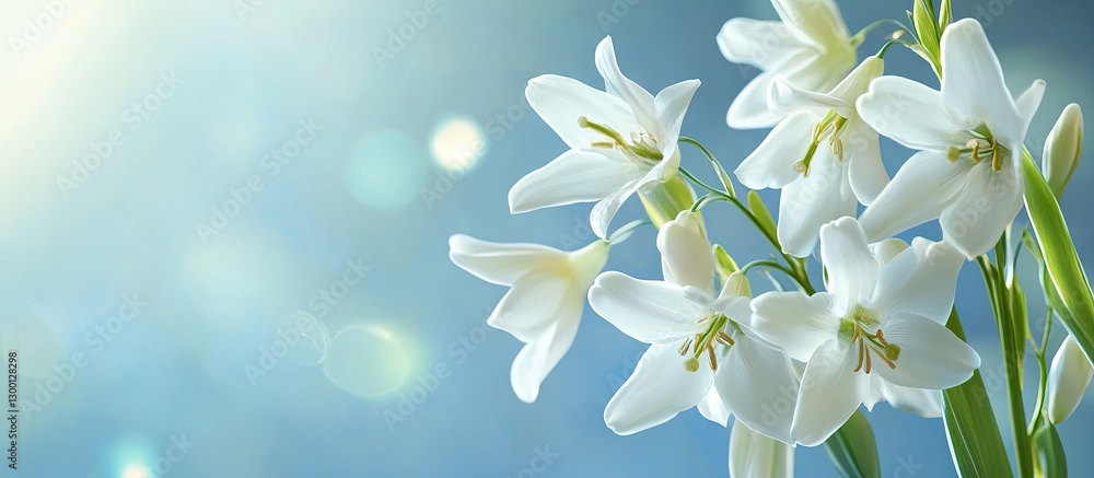 Poster spring bouquet of delicate white bell flowers arranged on the right side against a soft blue backgro