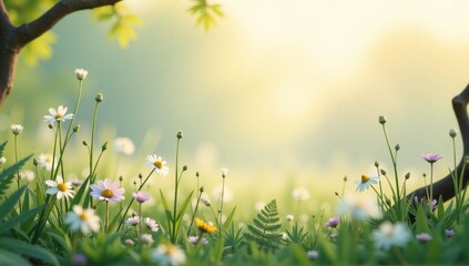 Fototapeta premium A vibrant spring landscape featuring blooming daisies in a lush green meadow under warm sunshine, with shady trees in the background, creating a bright and fresh atmosphere. Perfect for book covers.