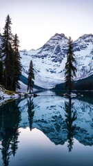  Majestic Snow Capped Mountain Peaks Reflected in a Glacial Lake Surrounded by Pine Trees at Dawn