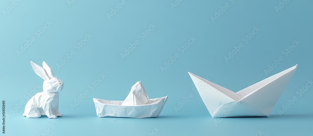 Aufkleber crumpled paper origami figures including a white rabbit, boat, and plane on a soft blue background a
