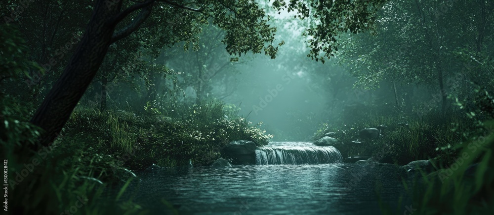 Poster serene forest stream with cascading water surrounded by lush greenery and misty atmosphere, featurin